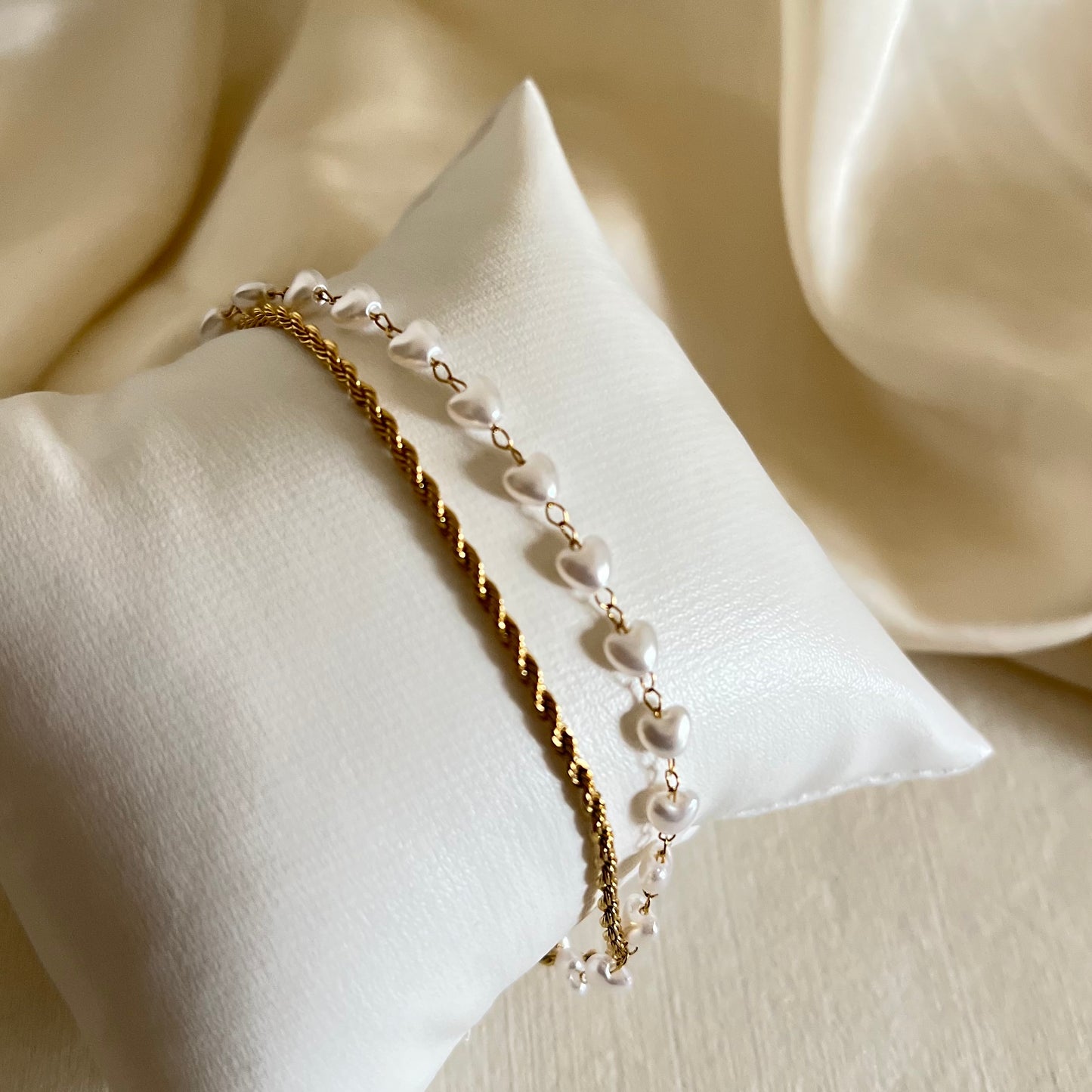 18KT Gold Plated Double Chain Bracelet with Pearl Heart