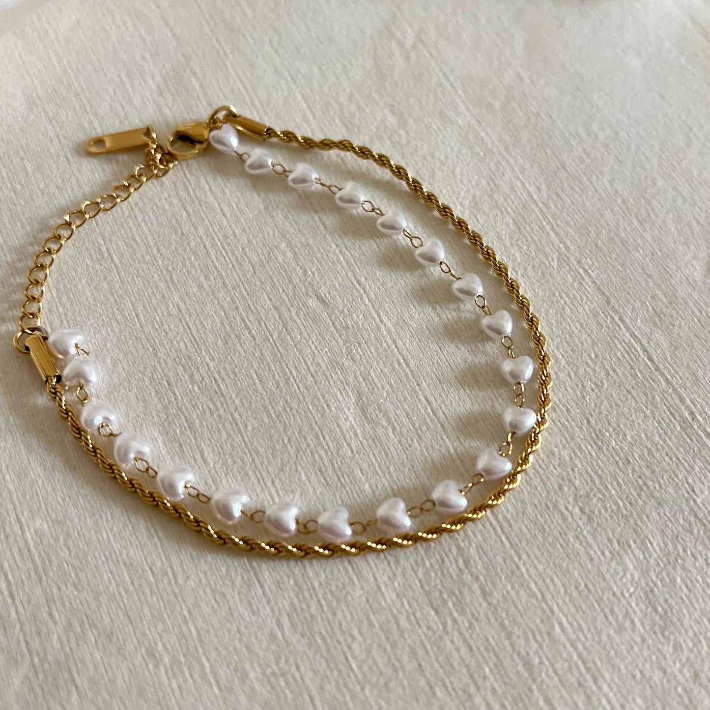 18KT Gold Plated Double Chain Bracelet with Pearl Heart