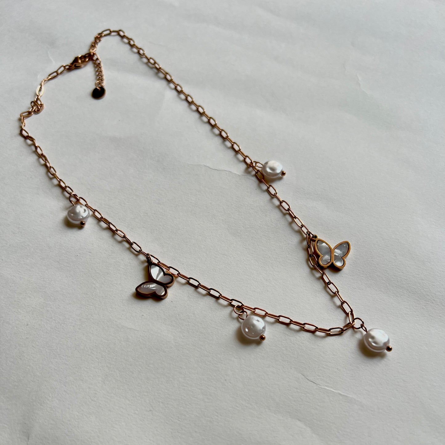 Silver toned/ 18KT Rosegold plated Tanvi Butterfly Necklace with Freshwater Pearls