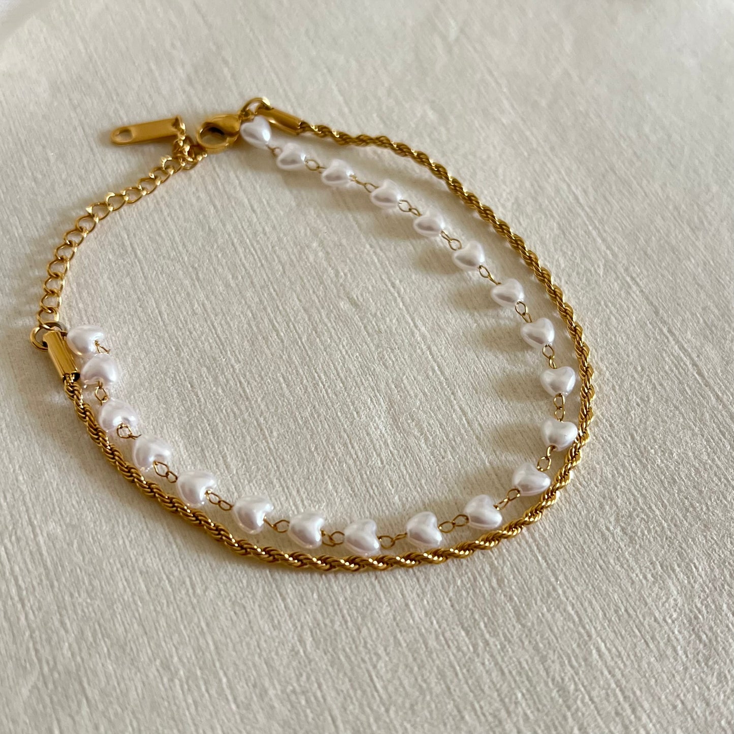 18KT Gold Plated Double Chain Bracelet with Pearl Heart