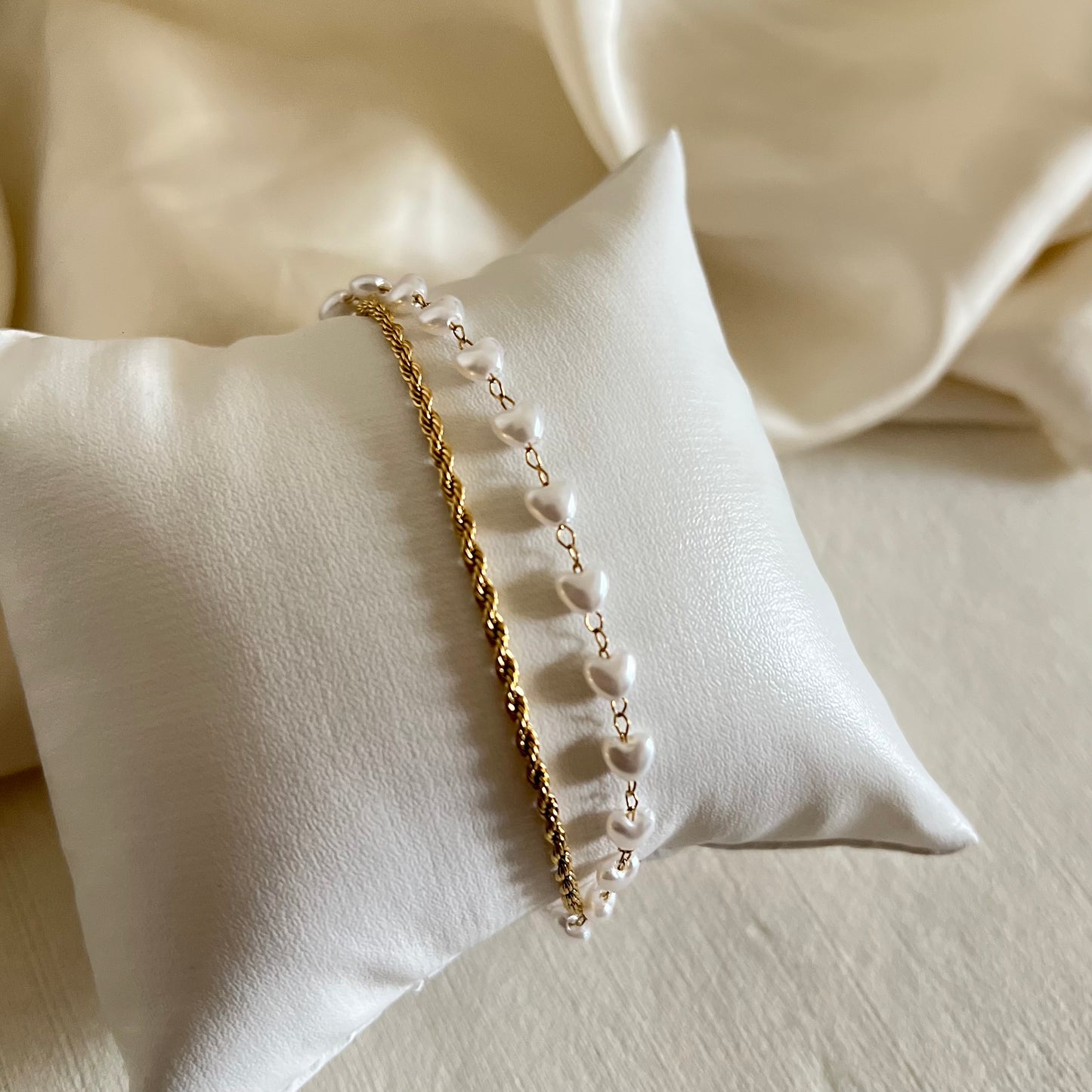 18KT Gold Plated Double Chain Bracelet with Pearl Heart