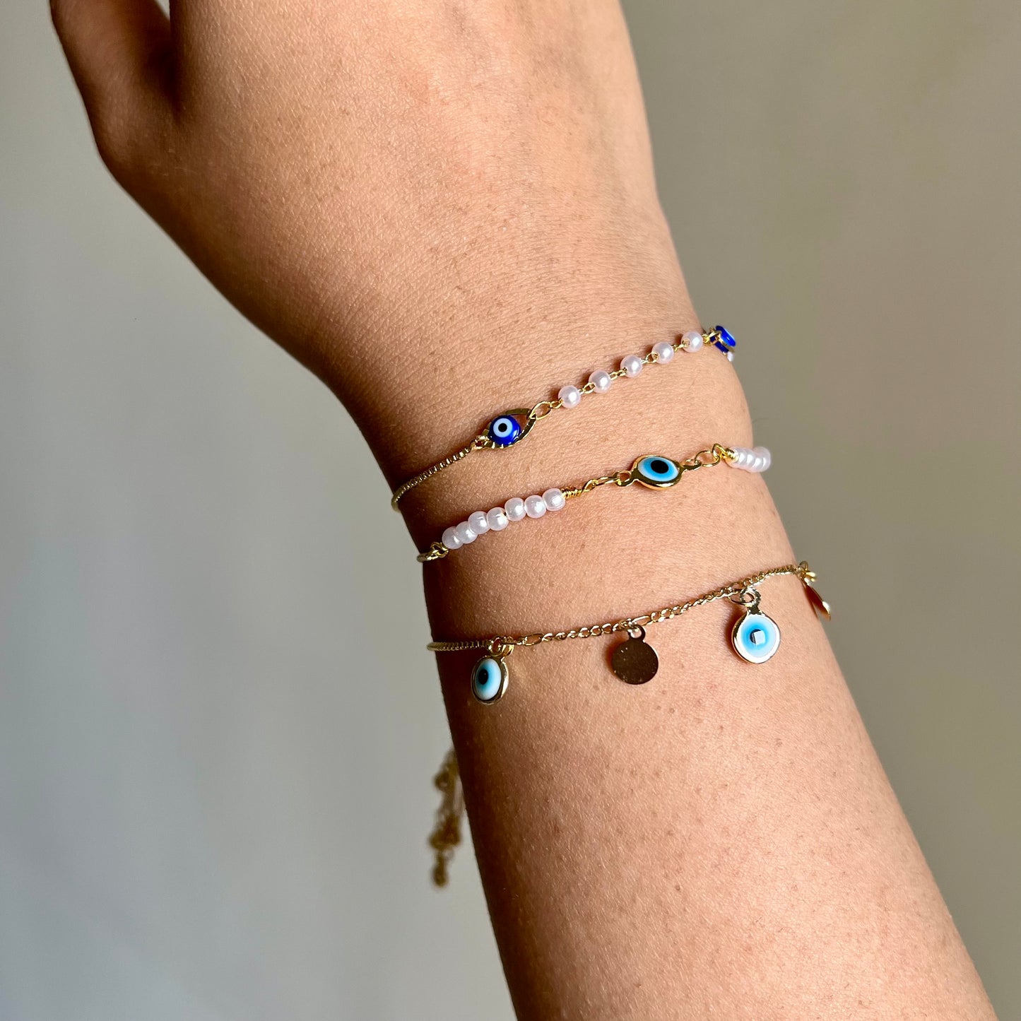 18KT Gold Plated Tridi Evil Eye Bracelet with Pearls