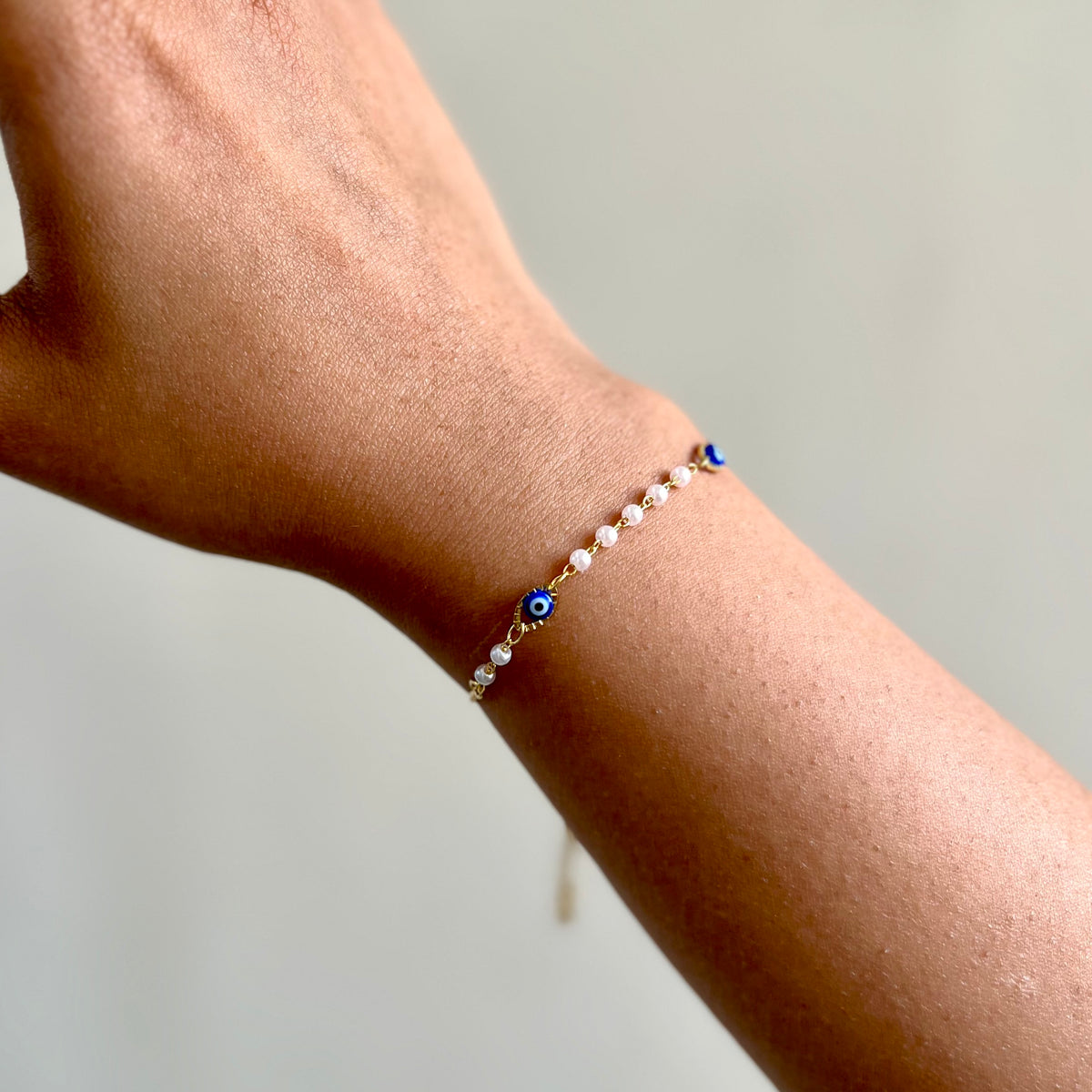 18KT Gold Plated Tridi Evil Eye Bracelet with Pearls