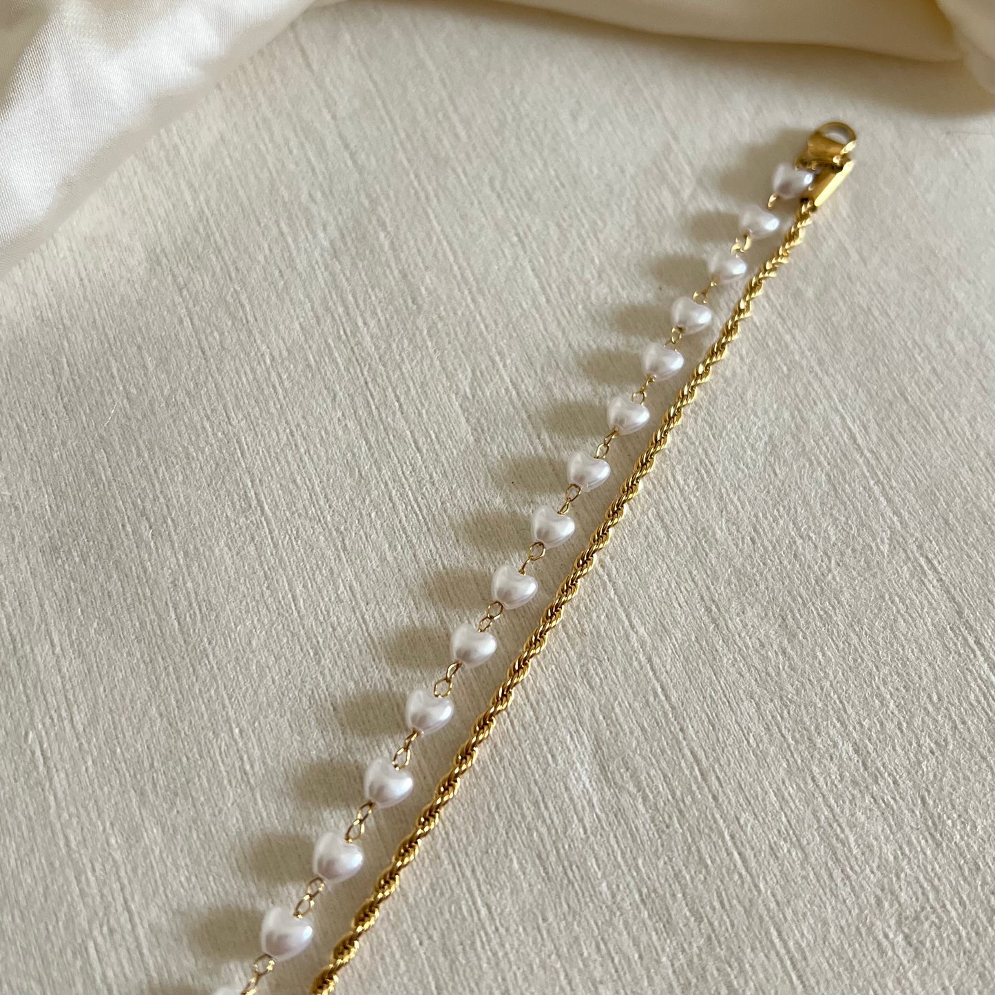 18KT Gold Plated Double Chain Bracelet with Pearl Heart