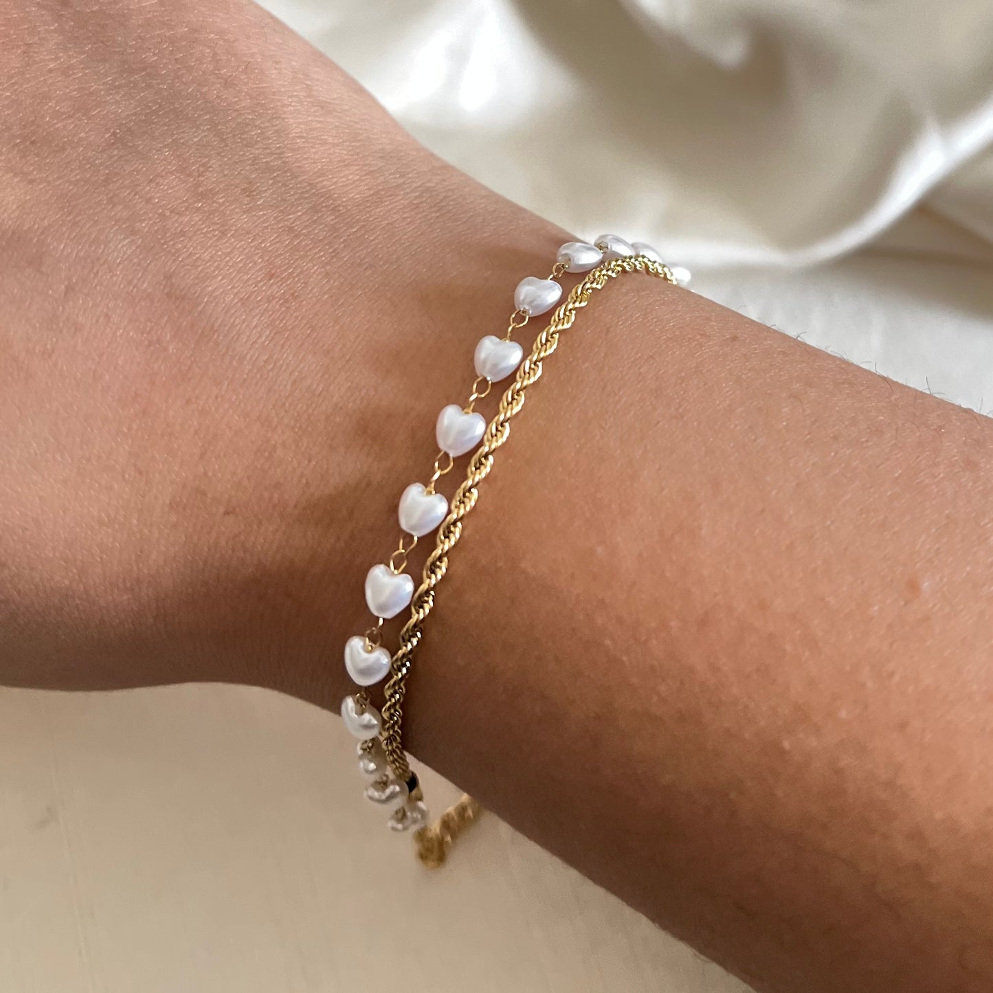 18KT Gold Plated Double Chain Bracelet with Pearl Heart