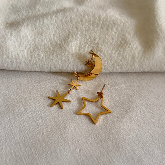 18KT Gold Plated Mismatched Moon and Stars Earrings