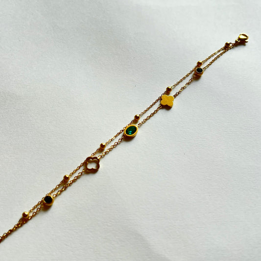 18KT Gold Plated Double Chain Bracelet with Green Gemstones