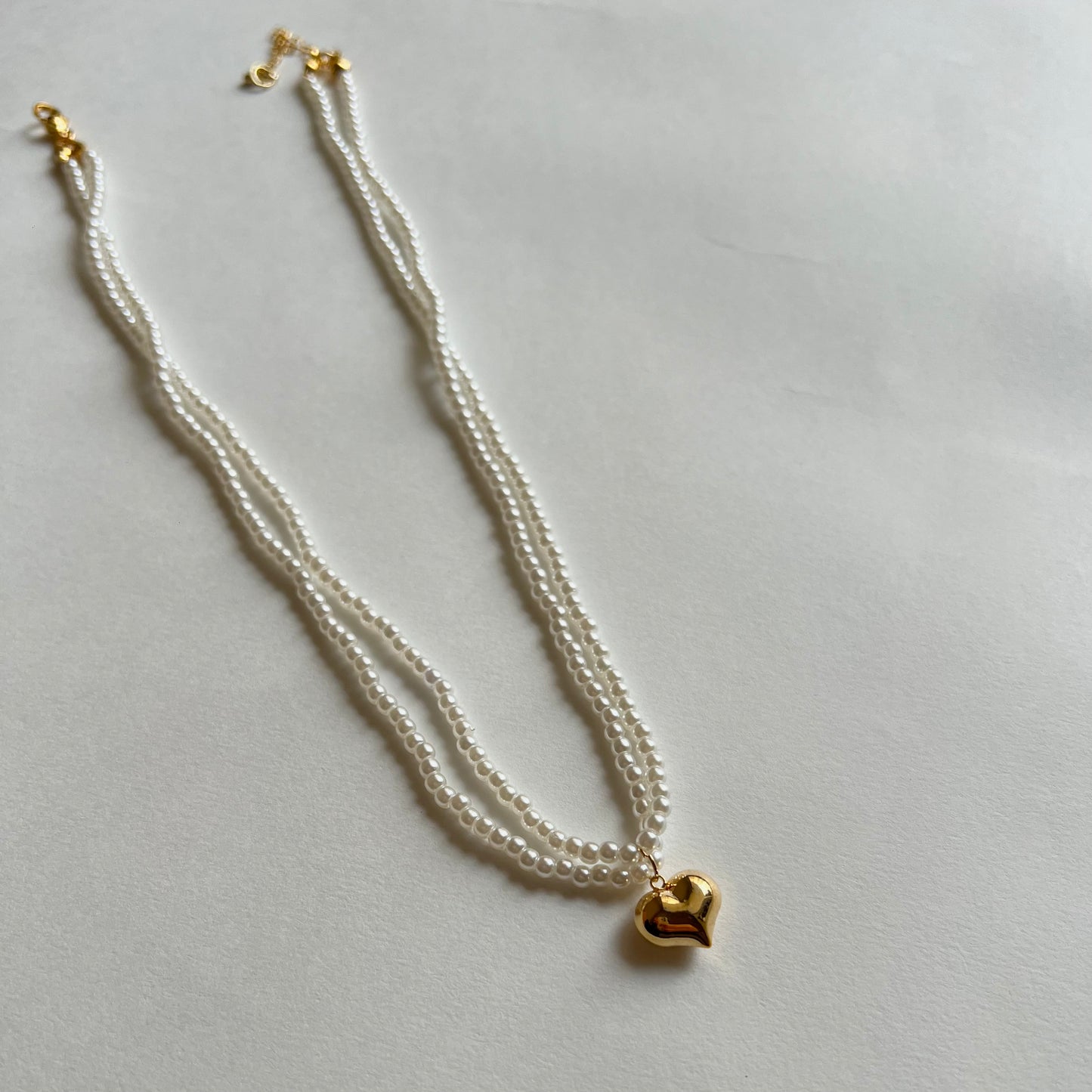 18KT Gold Plated Heart Necklace with Double Pearl Chain