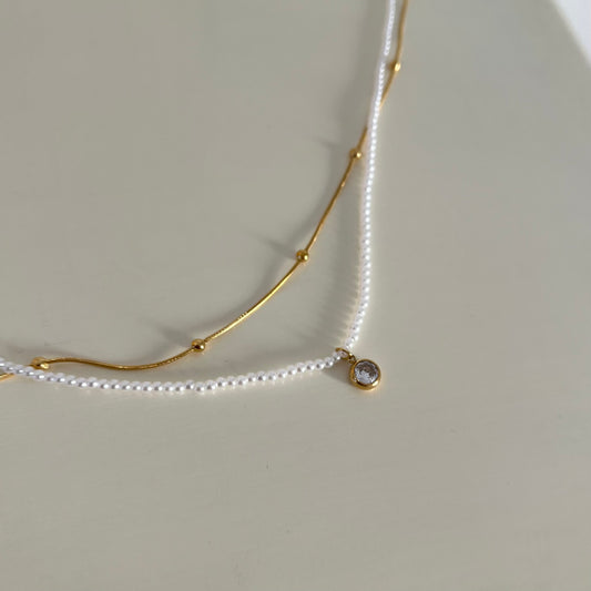 18KT Gold Plated Gemma Gem Double Layer Necklace with Freshwater Pearls